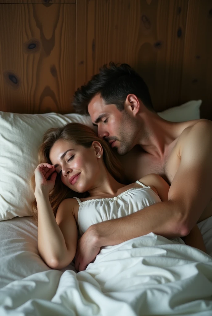 very high quality photo, a sex scene, a woman and a man in bed in doggie style, full body, realistic, cool and complicated visual effects, looks real and perfect, UHD 64K, very sweet