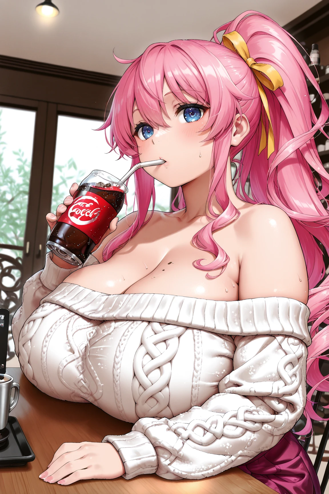 1 girl, game CG, sleeveless white cheerleader, lower breasts visible, navel visible, short red skirt, gigantic breasts, pink hair, long hair, ponytail, princess hairstyle, ahoge, pink eyes, school outside, blue sky, table, chair, eating food, drink,