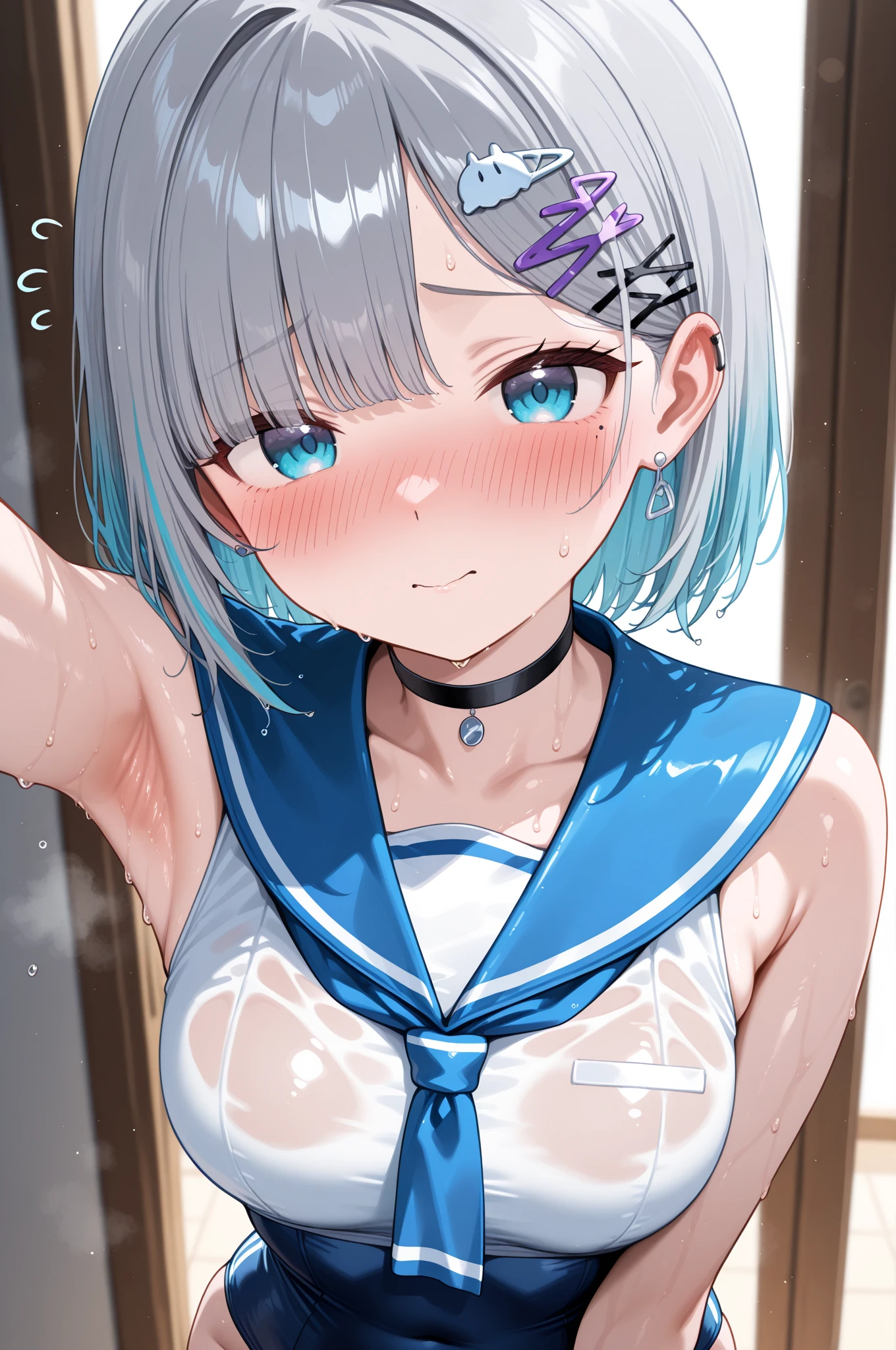 (8k、Best image quality、highest quality、masterpiece)、Detailed face、((One ))、mesugaki、Gray Hair、Short pigtails、Blue eyes、Small breasts、Squirting、Sticking out tongue、Full Body Focus、Completely naked、Cowgirl Sex、Squirting、Ahegao、Cramp、Ecstasy face、