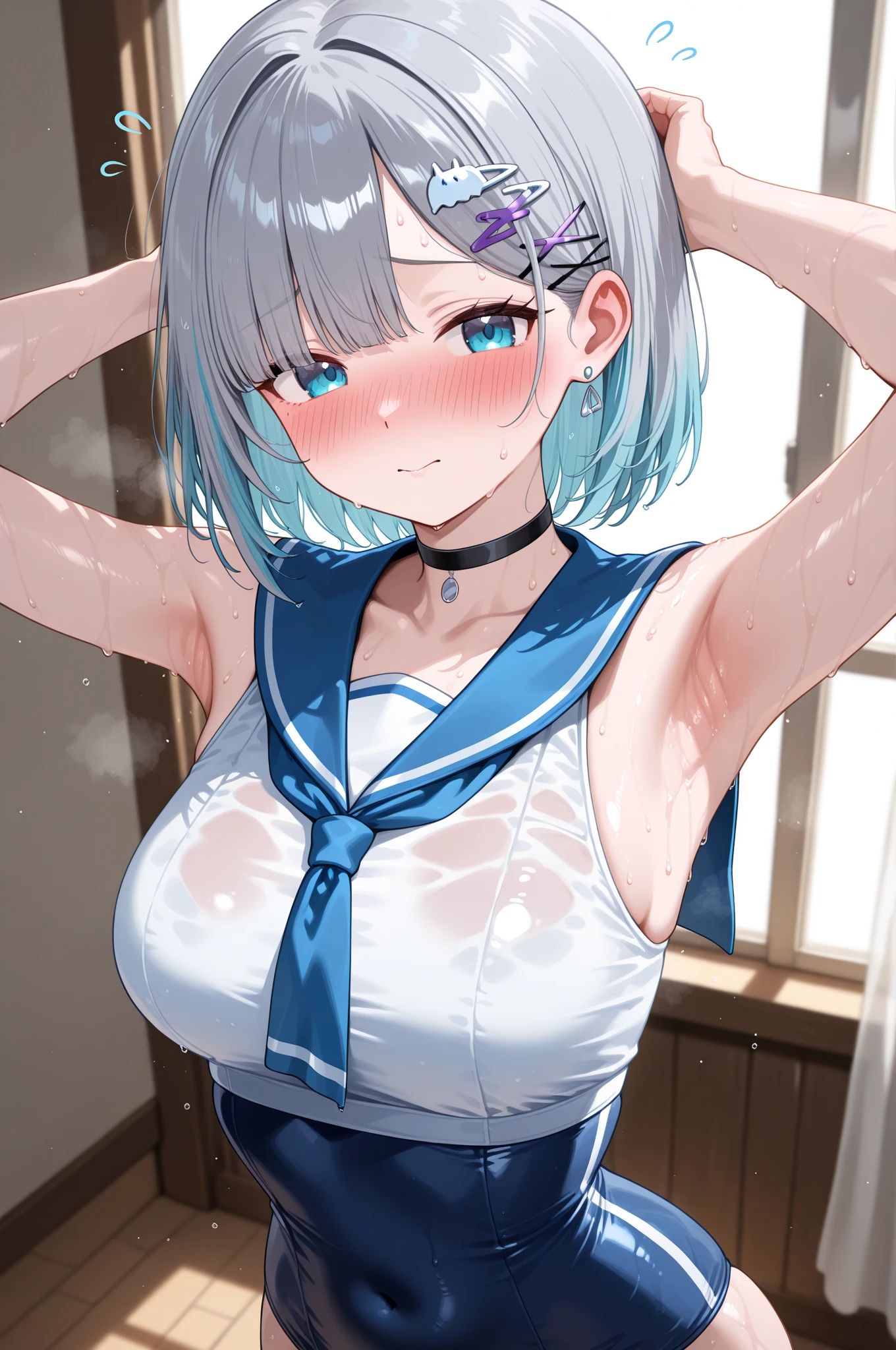 One girl、In the classroom、Sitting in a chair、Light blue hair、blue eyes、Standard bust size、Feeling embarrassed、Tears in the eyes、Looking down、A little big chest、Wearing a sailor collar、Wearing a green bra、Wearing green panties、Daytime view