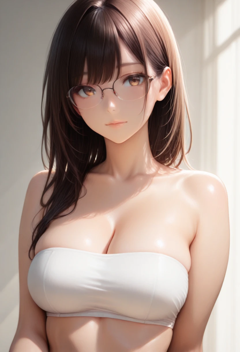 (absurdres, masterpiece, best quality, ultra detailed, detailed background, cinematic lighting, spectacular angled), (beautiful anime face, long eyelashes, detailed brown eyes), (voluptuous perfect toned chubby curvy kawaii 1girl, narrow waist), brown hair, long wavy hair, (wide ponytail, cute bangs, parted bangs), (red eyewear, semi-rimless eyewear), (massive enormous gigantic heavy huge hanging long breasts, huge puffy nipples), (large head, bighead, short body, round face, face closeup, leaning forward), (glossy see-through tiny micro_bikini), sleeveless swimsuit, nude, (sexually suggestive), (twilight dusk evening wide sky background, evening clouds), looking at viewer, (flushed, heavy breathing, exhausted, parted lips), beaming smile, naughty face, grin, (swollen puffy pussy cameltoe)
