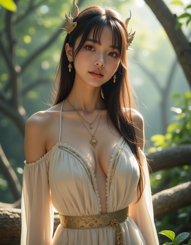 Snow White from “Snow White” interacts with animals in a real forest. Her gentle expression, the vividness of the apple she holds, and the landscape of the forest behind her are impressive. 8K , hd, highly detailed, realistic, photography, photo realism --ar 9:16 --v 6.0 --s 750,、19 years old, alone, Long Hair, View your viewers, Blonde, Brown eyes, gem, whole body, Realistic, Sexy、Big Breasts 、stockings、clip on earrings、 pendant,princess dress
