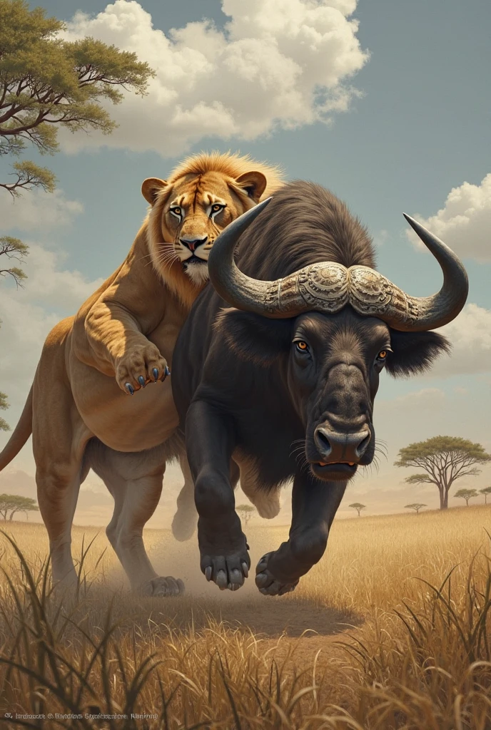 Create a realistic lion with a black bull's head in its mouth