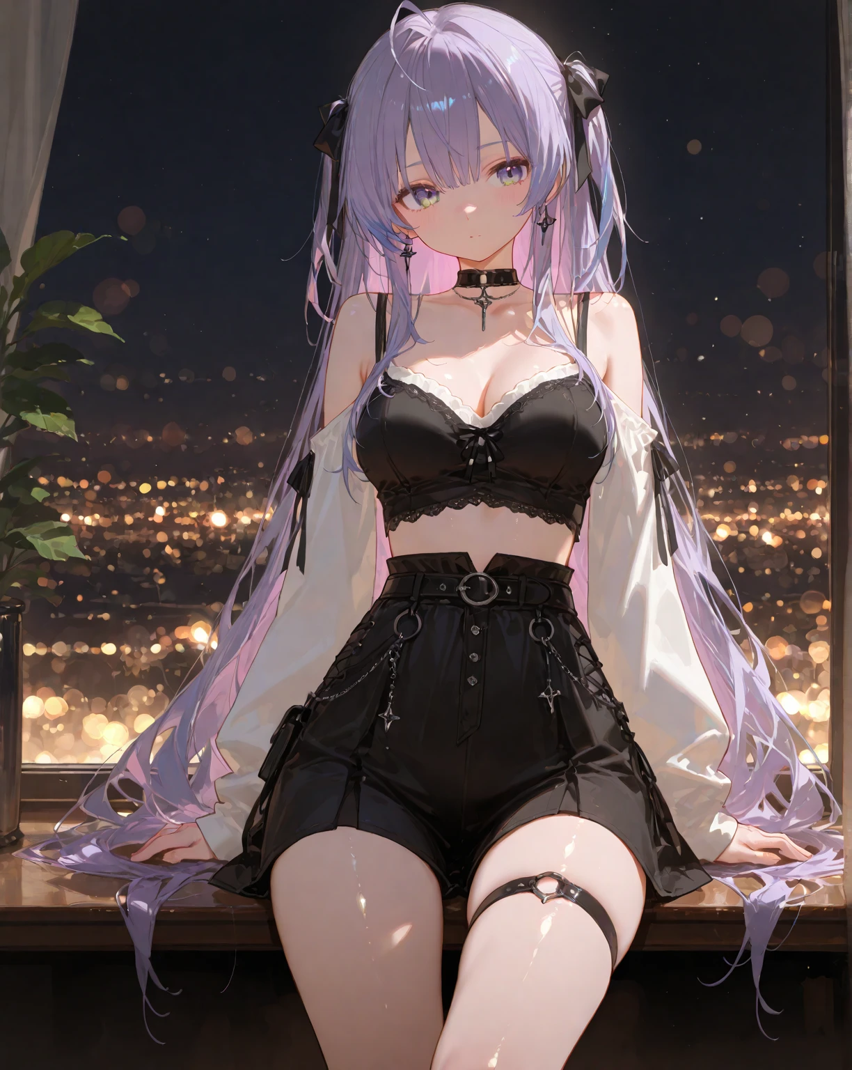 (8k、Best image quality、Highest quality、masterpiece)、Detailed face、 One girl、Light purple hair、short twintails、Purple eyes、evil smile、Moderate breasts、((White shirt))、((see-through))、((light purple frill panties))、Cowboy Shot、Standing on the balcony、building、Night view background