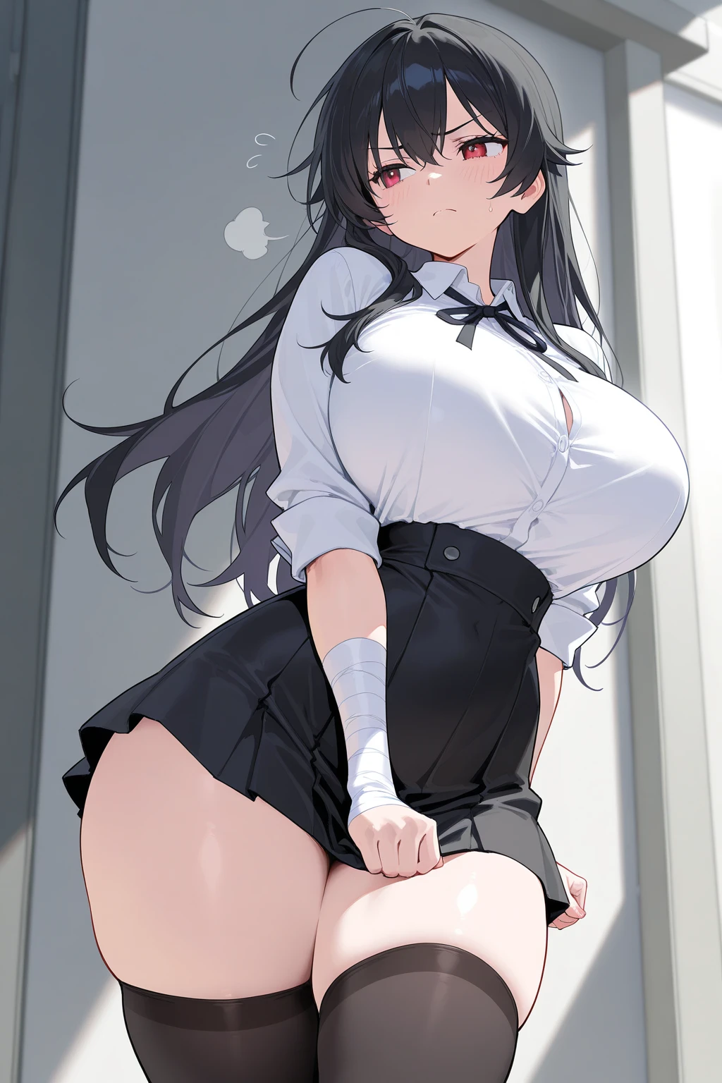 woman,Sailor top,long black hair,Qi bangs,huge breasts,stockings,Long heels,short skirt,lift one leg,Standing on one leg