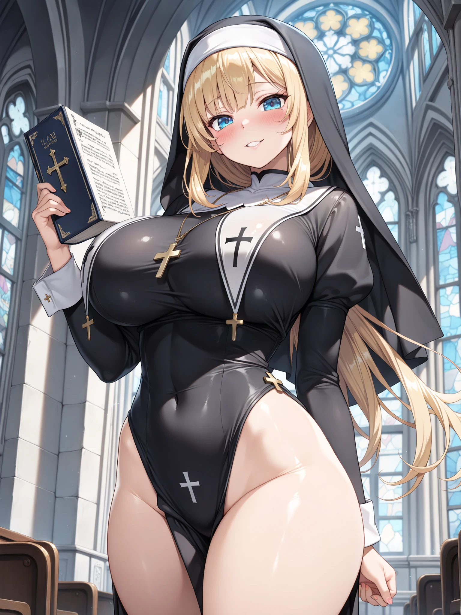1girl, solo, indoors, in a church, stained glass in backgrounf, beautiful anime nun with a book in her hand, thicc, commission for high res, marin kitagawa fanart, cleric, dressed like a cleric, oppai, commission for, anime goddess, inspired by Li Chevalier, pixiv 3dcg, divine render, oc commission, fullbody commission for, wide hips, large breasts, thick thighs , covered nipples, nun, long hair, blonde hair, cleavage, white gloves, pelvic curtain, covered navel, smiling, breasts, shiny skin, black thigh-highs, looking at viewer