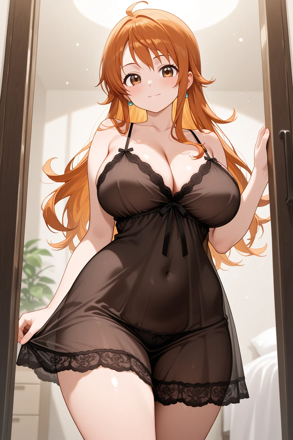 orange eyes,smile,,,,solo,,big breasts,saggy breasts,kneeling,blush,indoor,negligee,on bed,upper body,chemese,camisole,
