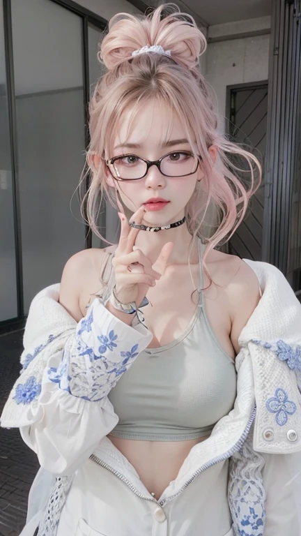 solo,Kim Ji-ni Jennie face，black background，Frontal photo，Playful and cute，Photographic photo，High contrast，high resolusion，HD face shape，Bust photo，Positive face，PINK HAIR，World-weary face，High cold expression，White suspenders，White short，cleavage，fair skin，16k