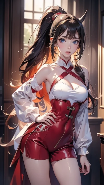 (masterpiece, top quality, best quality, official art, beautiful and aesthetic:1.2), (1girl:1.3), extremely detailed, (fractal art:1.2), colorful, highest detailed, (zentangle:1.2), (dynamic pose), intricate, depth of field, cinematic lighting, soft lighting, yellow light, night, close-up, looking at viewer, parted lips, wallpaper, (challenging smile), fantasy, (red eyes), red hair, long ponytail hairstyle, bangs, five fingers, black horns, dragonian, Dragontail, standing, (cowboy shot)