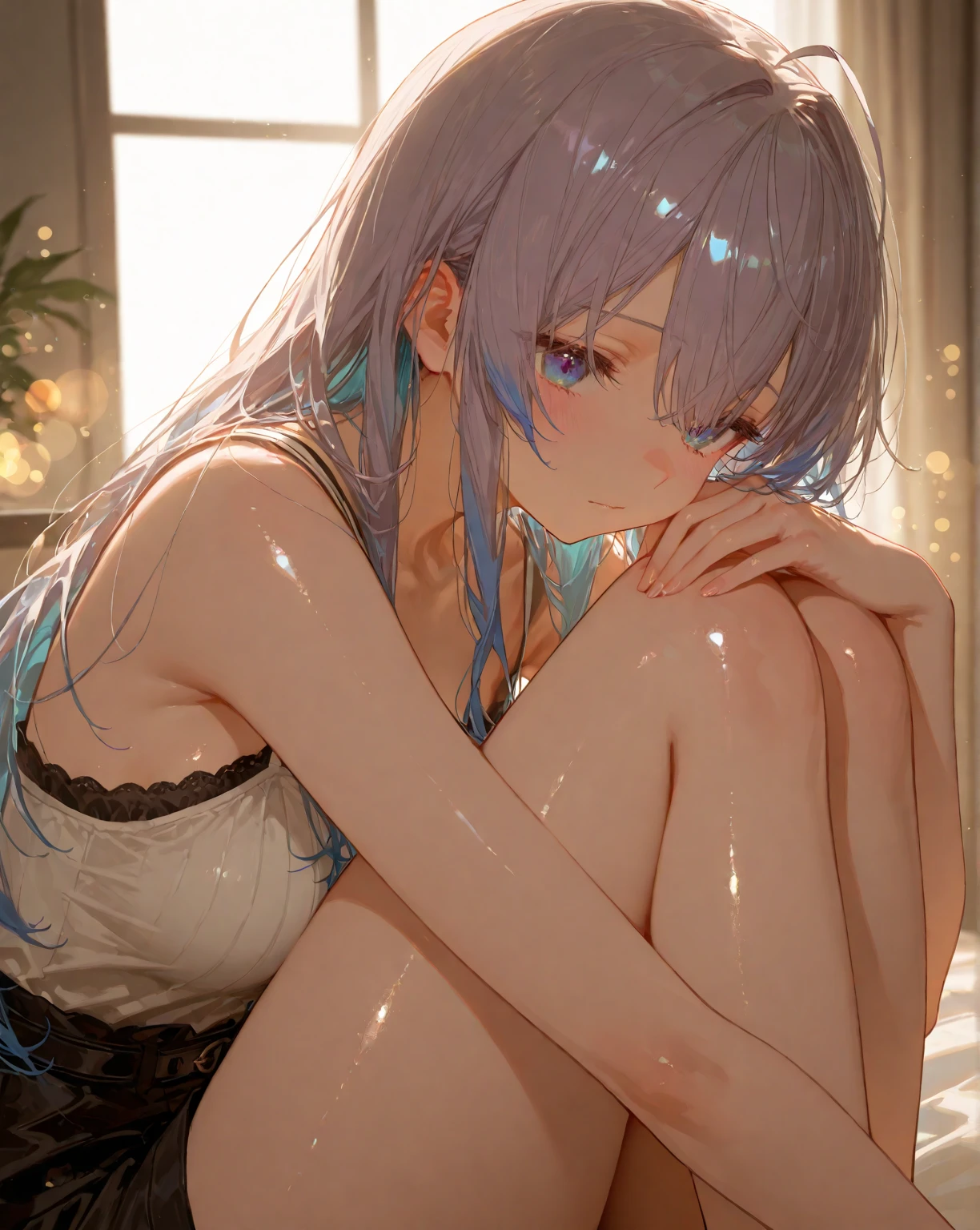 ((masterpiece)), Highest quality, Very detailed,(One Girl),Feena Fam Earthlight、Feena Fam Earthlight, Silver long hair, Green eyes, Long Hair,Beautiful background ,Completely naked,  chest, Bent body,Lie in, Look to the side, Worried face, Female genitals in full view, Drunk look, Hot body、Sweaty、Spread your legs, ecstasy, Opening the vagina with your fingers、Female genitalia seen deep inside、 Browsing Caution,