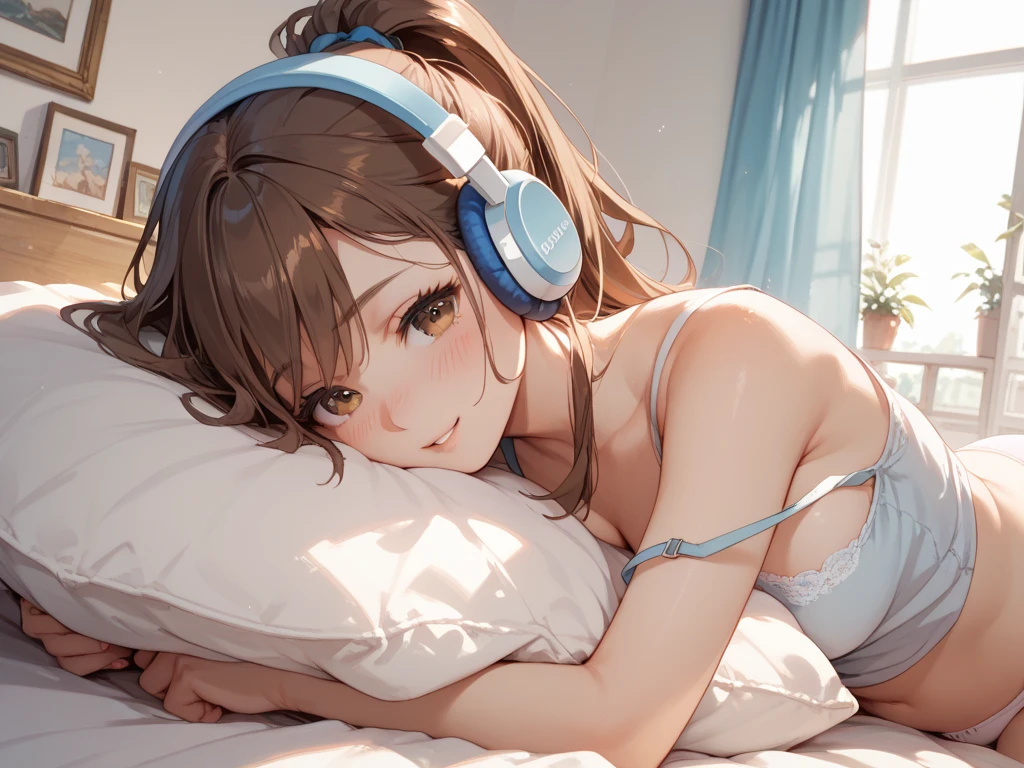 create for me An anime girl with brown hair and eyes, with headphones, lying on a bed, looking out the window, with a smile on her face.