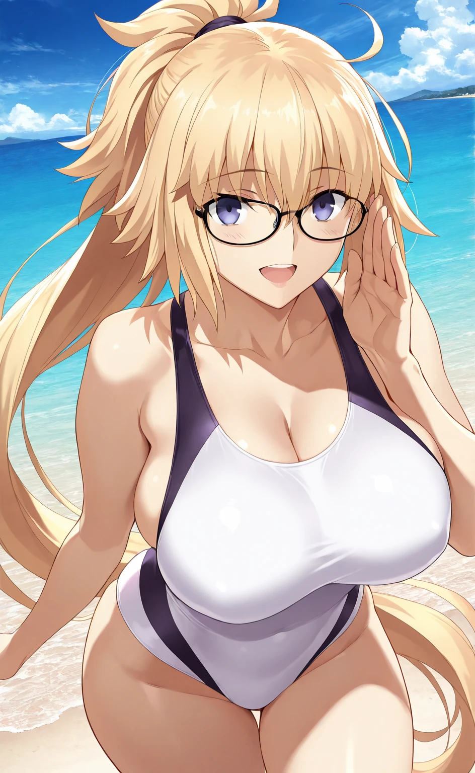 (high-level image quality、masutepiece、hight resolution、4K,8K,Official art:1.1),((Anime cel drawing style)),(breasts out,nipples:1),kisaragi ayane,(eye glass、Long hair、blondehair:1.2),Smile,blush,(bikini:1.2),(sea:1.3),(water,wet),((massive breasts,gigantic breasts:1.5)),open mouth,cowboy shot,leaning forward