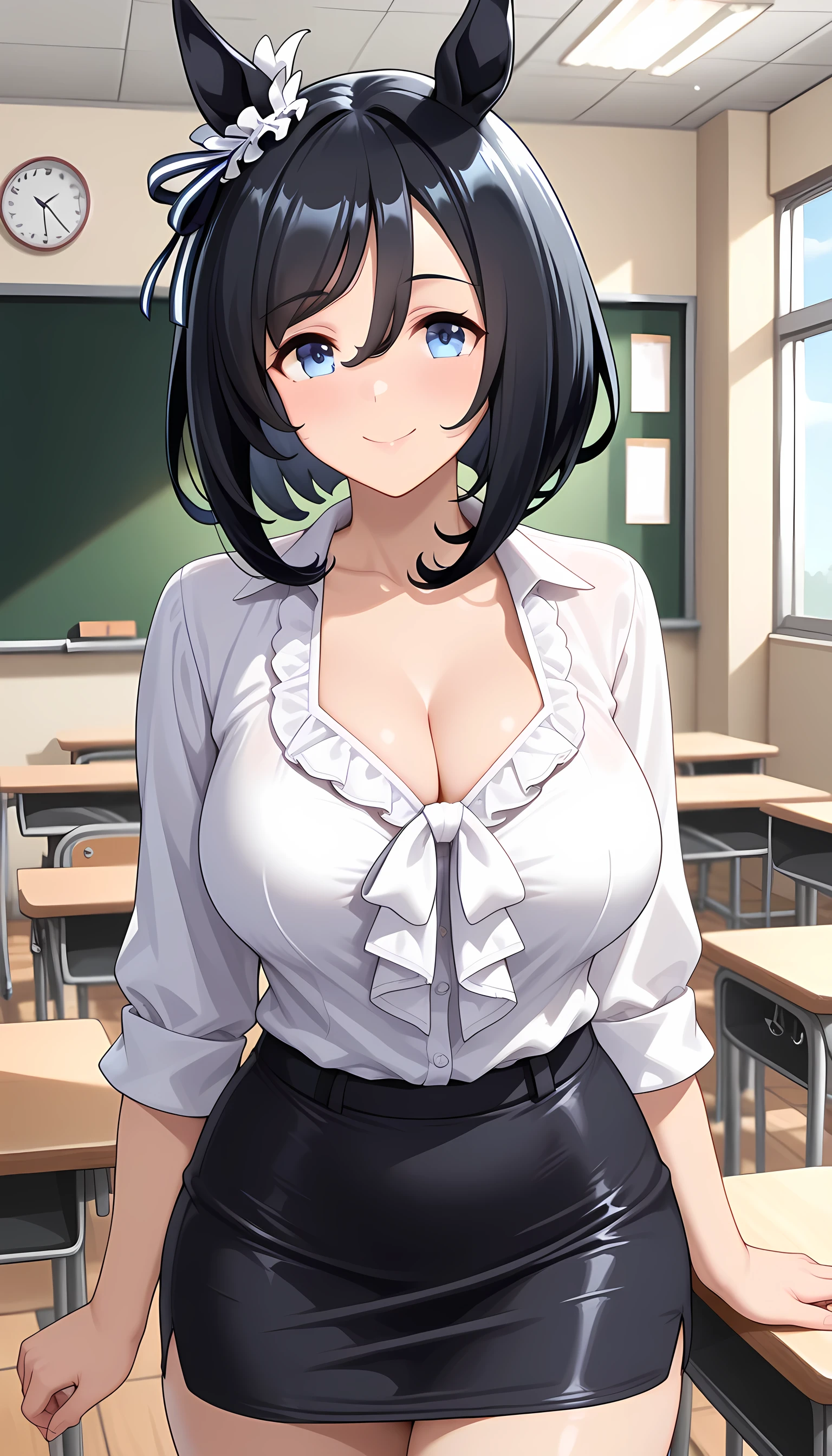 woman,smile,Bob Hair, Dark brown hair,Large Breasts,uniform,School classroom