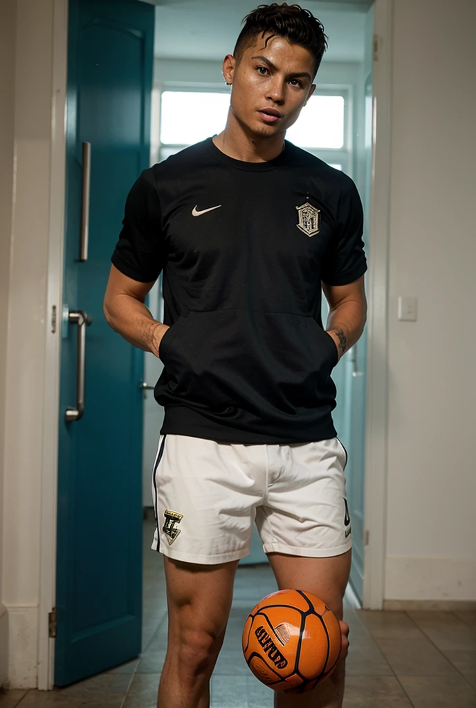 The guy is playing football, 25 years, Peruvian nationality, with a slight smile on his face, face turned to the side, full length, scores a goal, wearing a white T-shirt and white shorts, Great quality, athletic build, high detail, Profile view