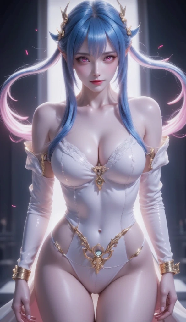 ((((masterpiece, best quality, high resolution)))), (1girl:1.5), ((wavy hair, cracked skin, colored skin, blue skin, doll joints, one eye closed, four arms)), (large breasts:1.2), blush, light smile, parted lips, glow, thighs, bare shoulders, collarbone, narrow waist, (slender body figure), cleavage, (beautiful detailed face, beautiful detailed eyes), extra arms doll, joints, doll joints, ((nakedl)), (nsfw:1.5), ((standing up, dripping wet)), looking at viewer, nighttime, (aheago, moaning in pleasure)
