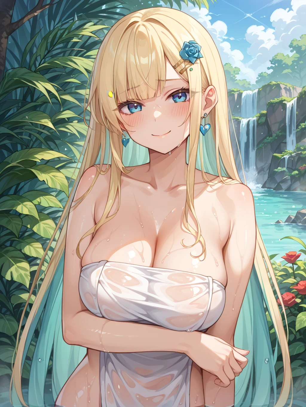 White see-through dress、summer、sunny、smile、Droopy eyes、Saggy breasts、No bra、after the rain、Wet clothes