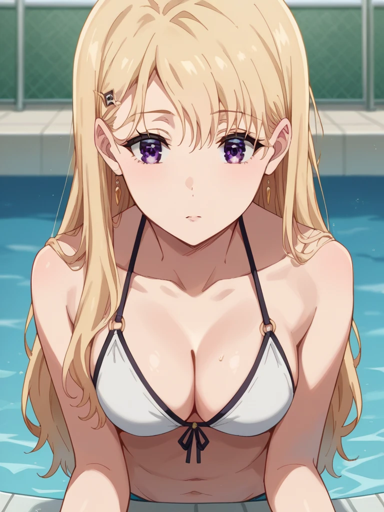 <lora:Erina:0.7> (masterpiece, ultra detailed, sharp focus),1girl,solo,long hair,breasts,blush,smile,blonde hair,big breasts,cleavage,hair between eyes,bare shoulders,purple eyes,collarbone,swimsuit,upper body,bikini,grass,pool,blue bikini, <lora:Anime_Enhancer_XL:1>