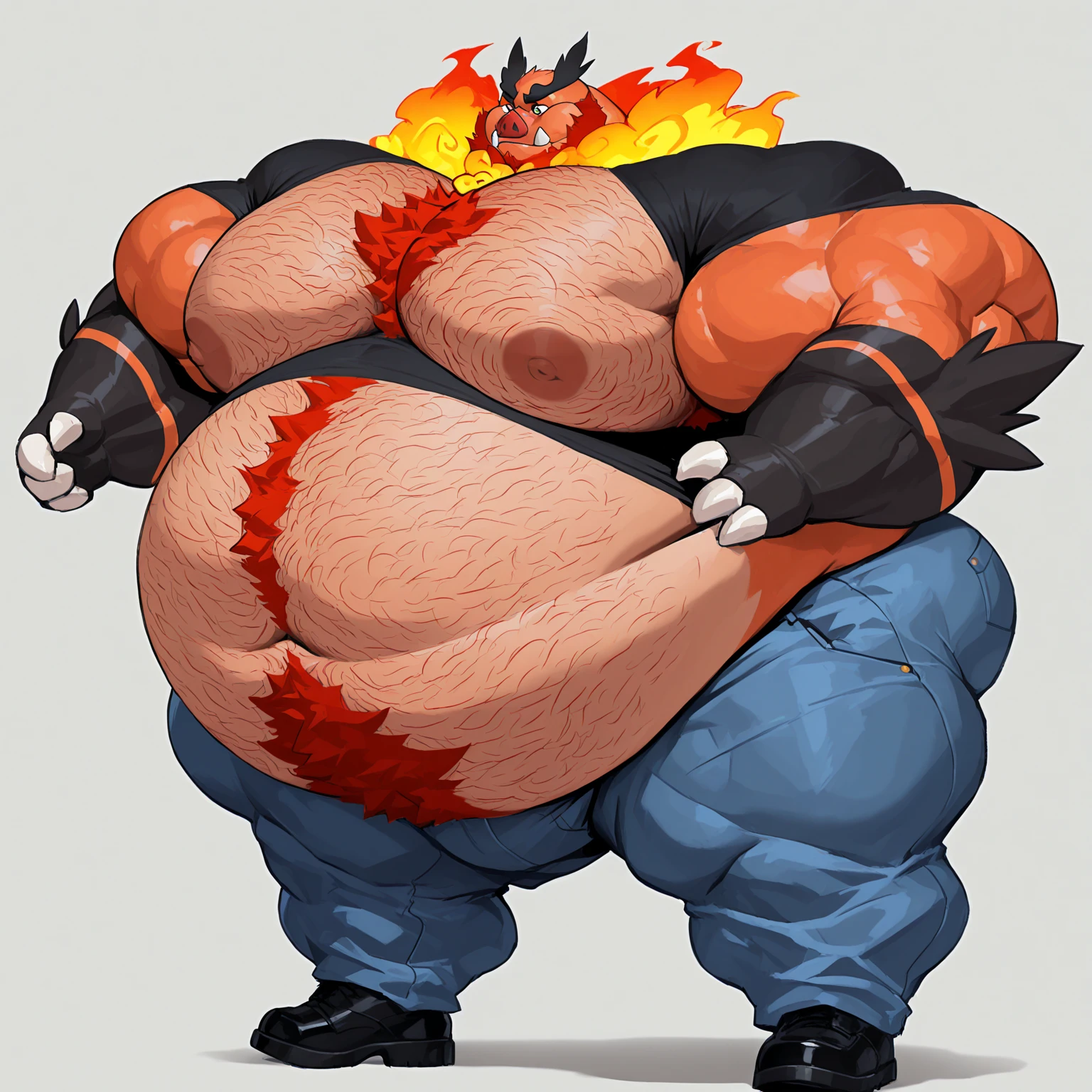 Profile picture of a ((Solo)), 1 boy, male, very largest, ((bara)), buff, extremely thickened overweight body, ((((1500 pounds)))):2, ((((((massive fluffy belly)))))):1.5, (((((massive thighs, massive curves, massive pecs, massive biceps))))):2.5, ((((white)))), ((hunky)) (((skullbeast head))):1.3, wearing ((briefs)), ((bulge, bulging, very detailed crotch bulge)), holding belly, looking at viewer, smug, simple background, by zackary911, posted on e621, posted on FurAffinity