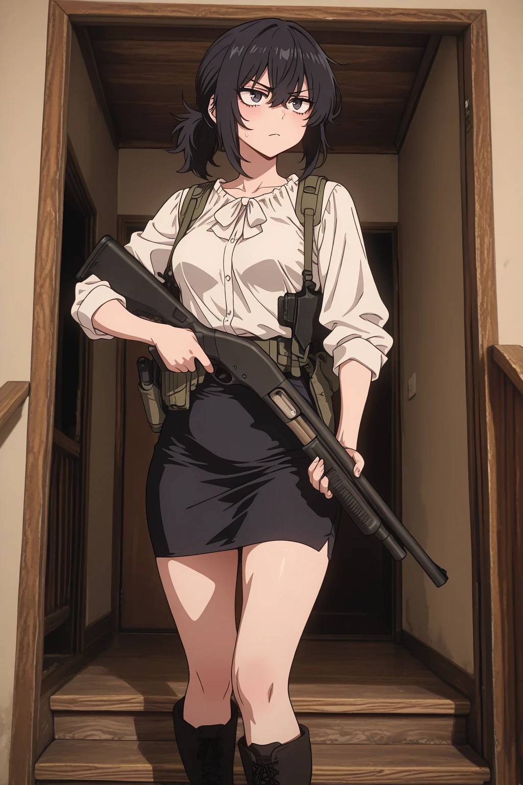 anime、high resolution、(((Kyoto)))、Woman Standing Alone、((Green short hair))、((Sleeveless black mini dress))、Slender figure、White high heels、((The chest is wide open))、The wind is blowing、There is no one around、Midsummer Afternoon、He has a gun、S&w M19,