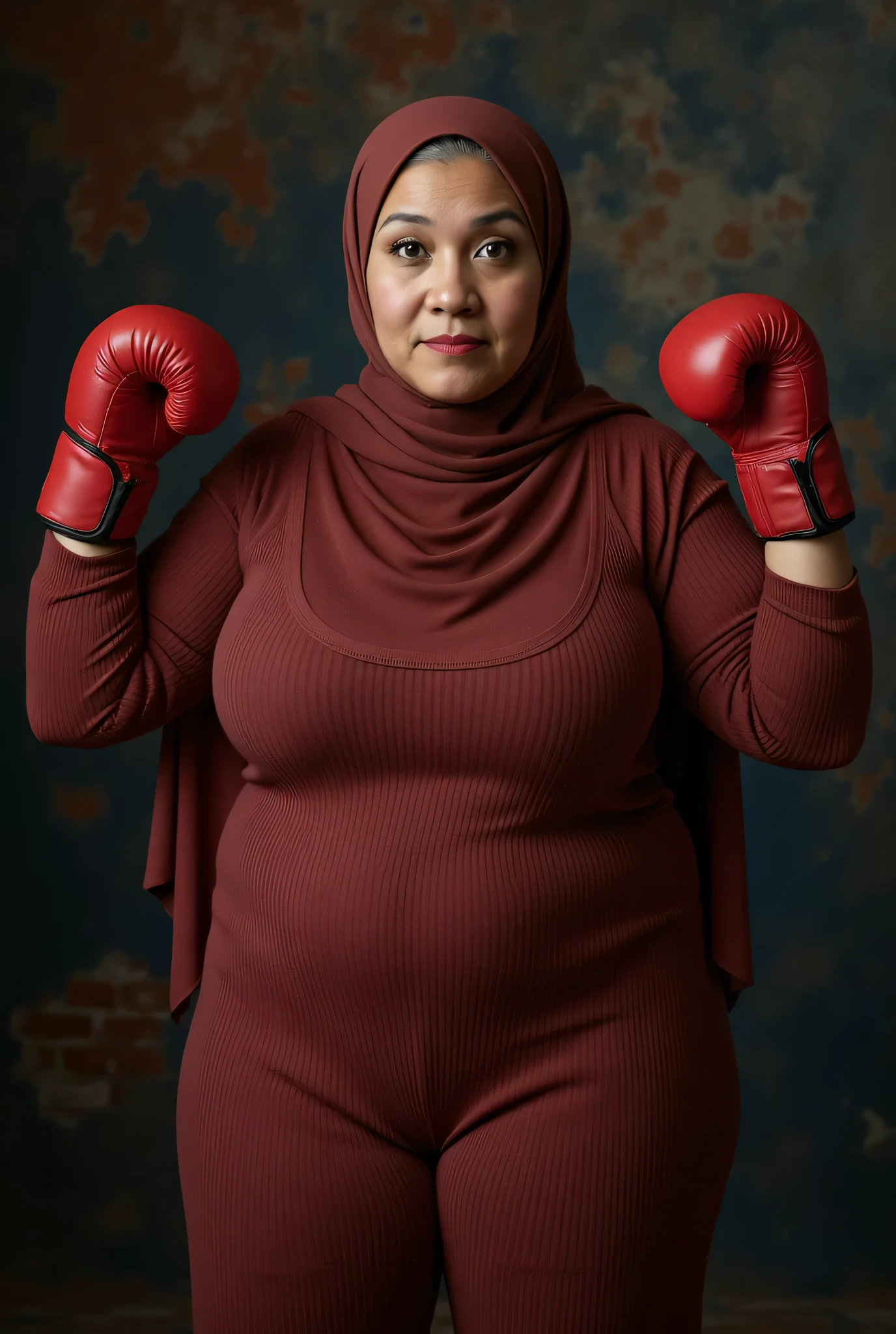 (angry face expression), (The stitching is very neat), very old lady Wearing Hijab perfectly , wearing Scoop Neck Sleeveless maroon Bodysuits G-String Thongs sinlet swimsuit , (KEDUA BELAH TANGAN DI ANGKAT LURUS KE ARAH ATAS SAMBIL MEMAKAI BOXING GLOVES) PLEASE DON'T PUT ANYTHING ROPE!!!
BBW HIJAB INDO MALAY Jumbo (Singlet ), 1 girl, MOODY FACE EXPRESSION , Half body portrait, (face details: 1), (Eye details: 1), (()). Cute posed. proportional body. ultra high res. realistic: 1.4, UHD, ((bigger:2.3)), (((dark background))), Background worn old brick wall , arms Bodybuilder Auntie, Sitting on a round table stainless steel,