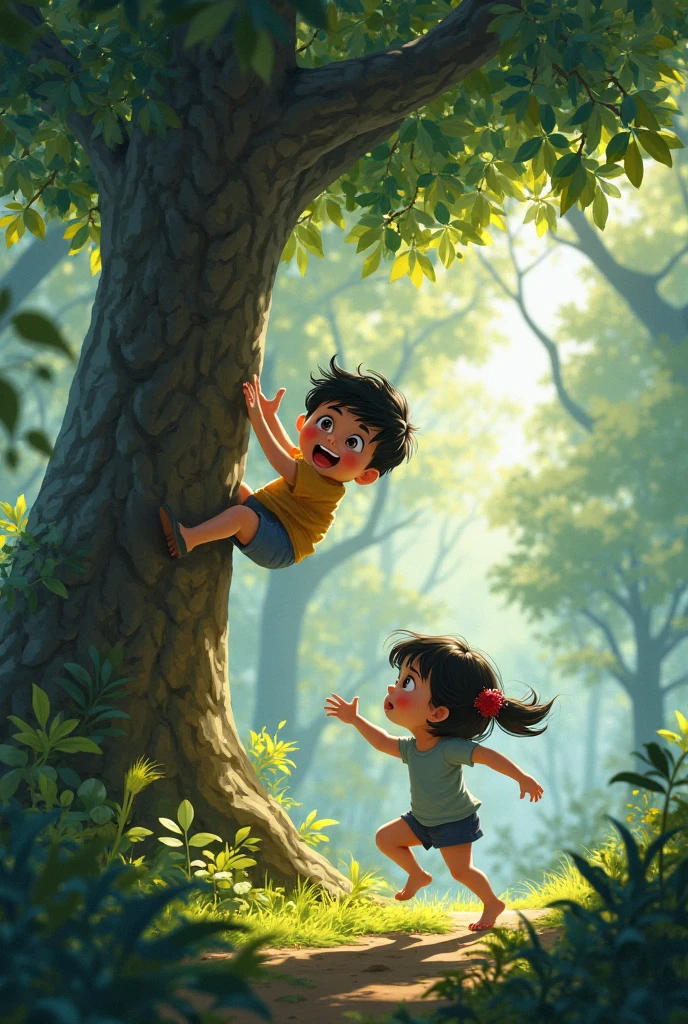 A realistic image of a girl in a tree scared, while down there is another angry boy.