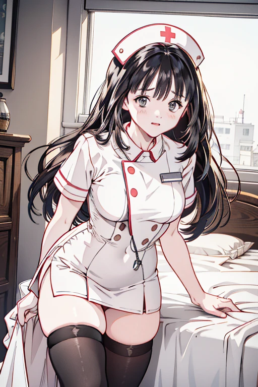 ((masterpiece,best quality,ultra detailed,highres,HD,4k:1.2)),
(large breast,large butt:1.2),1 cute girl,solo,
fuyuko mayuzumi, black hair, brown eyes, long hair,((two side up)),
((nsfw,Nurse uniform, nurse cap, sexy nurse uniform, sexy cosplay:1.3)), 
black bow, black bowtie, black ribbon, bow, bowtie, 
(((full-face blush,blush,flown,angry,Glare,steam, sweating)),