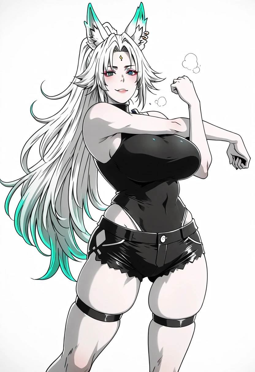 (butcha-u-style:1.4), (akitsuki_karasu-style:1.2)((anatomical correct)), (lineart:1.4), ((monochrome, greyscale, manga-style, spot colors)), perfect body, perfect eyes, perfect fingers, gasping, heavy breathing, gasping profusely, ((skindentation)), ((curvy)), Fe1x10, animal ears, long hair, ponytail, multicolored hair, white hair, red eyeliner, ringed eyes, forehead mark, ear piercing, athletic body, (voluptuous:1.5), (mature female:1.5), ((vignetting)), 1girl, solo, shorts, smile, sleeveless, sleeveless_shirt, looking_at_viewer, white_background, shirt, short_shorts, blush, breasts, simple_background, black_shorts, stretching, black_shirt,