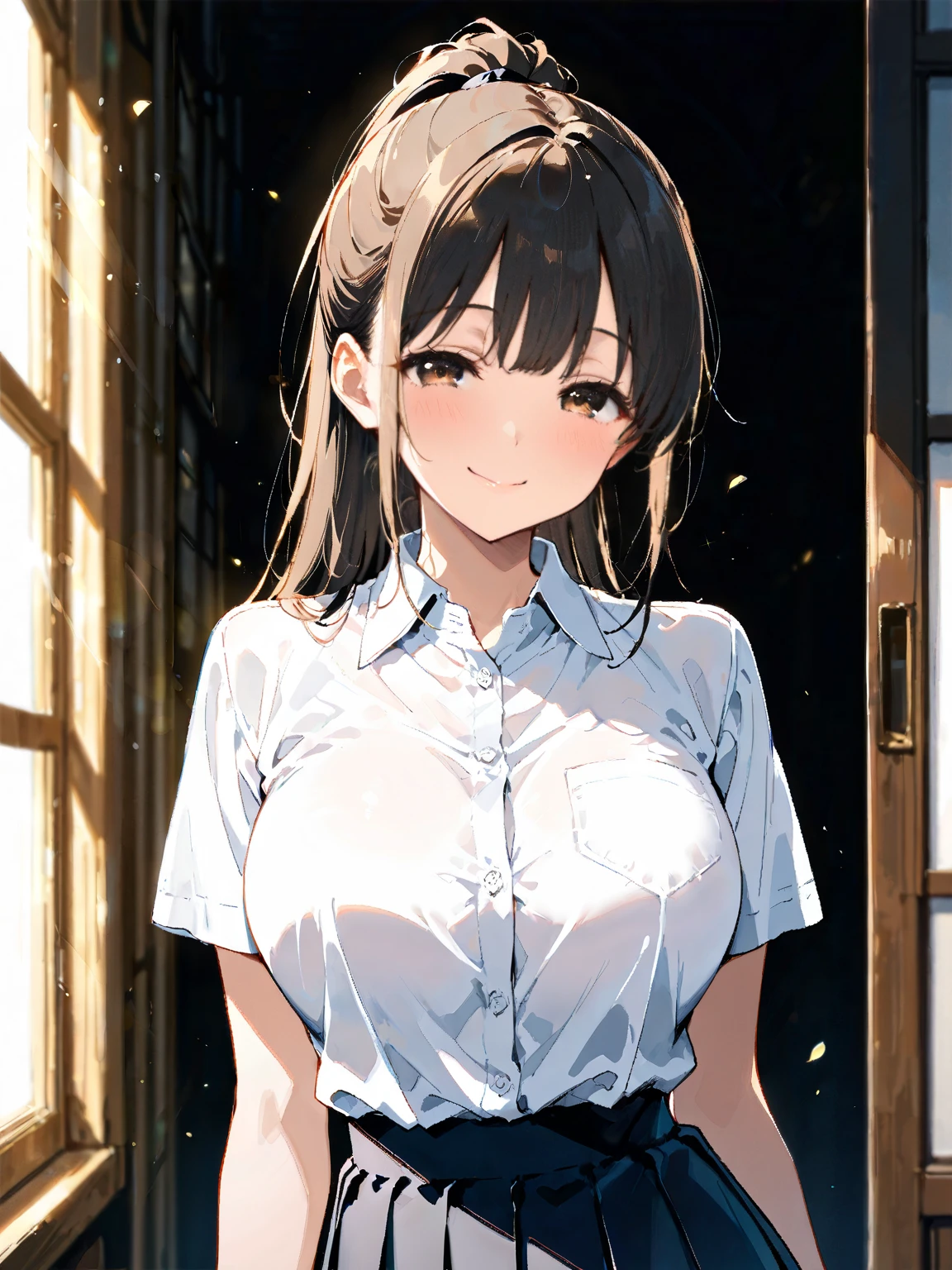 best quality, masterpiece, high_resolution, 1girl, beautiful face, tyndall effect, rim lighting, (high detailed skin:1.2), 8k uhd, dslr, soft lighting, high quality, volumetric lighting, high resolution, 4k, 8k, large breasts, long hair, dark hair, blue eyes, open door