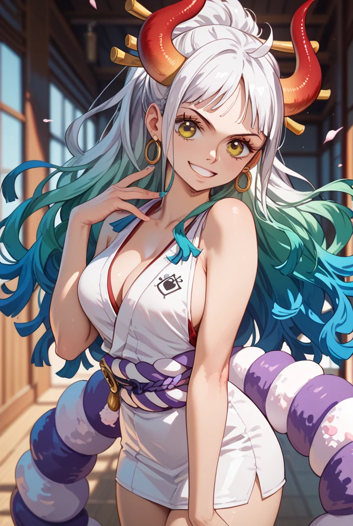 score_9,score_8_superior,score_7_superior,score_6_superior, Yamato \(one piece\), One girl, alone, kimono, Multicolored Hair, jewelry, Earrings, No sleeve kimono, hair ornaments, kimono, Wrapping angle, Long Hair, They are, superiorper body, smile, rope, chest, Hairpin, No sleeve, shimenawa, White Background, Mouth closed, hoop Earrings, Bare shoulders, Simple Background, ponytail