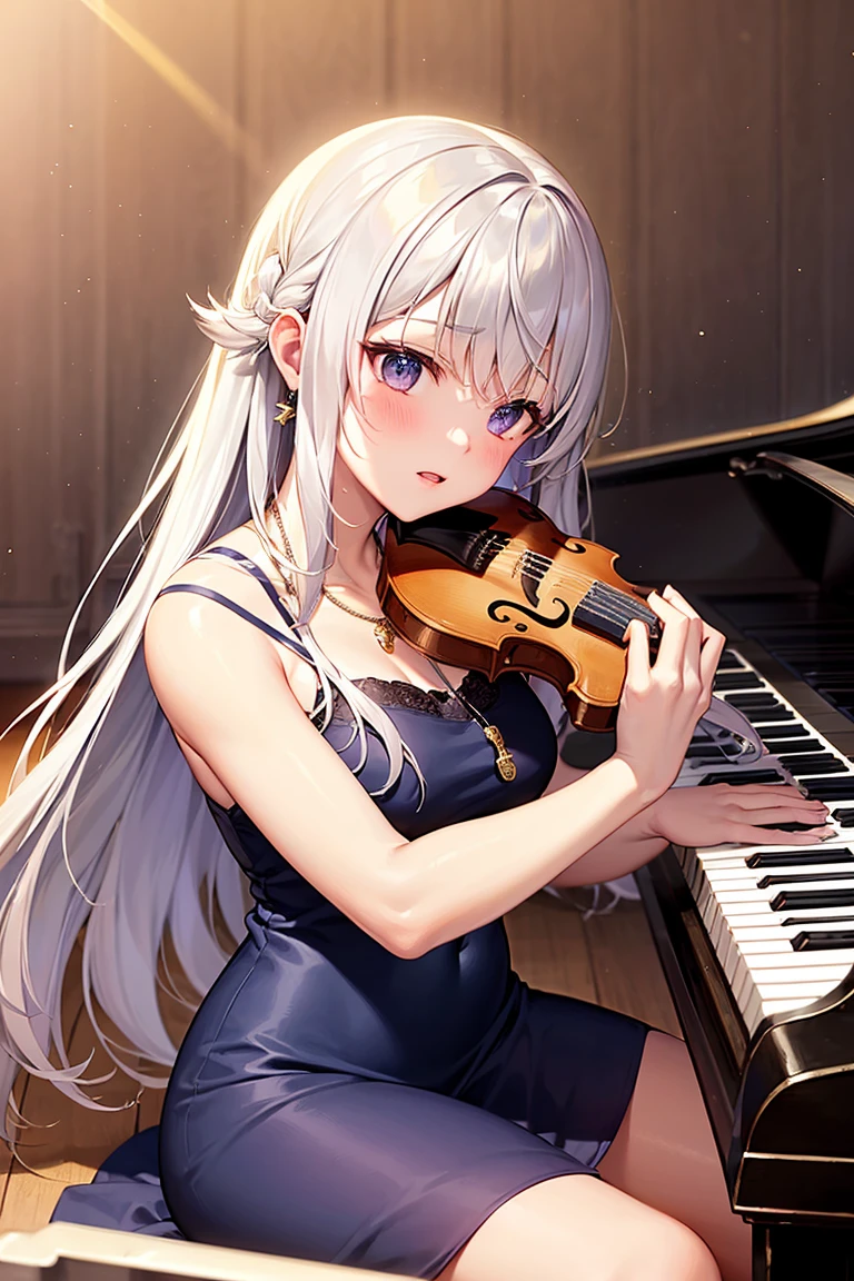 a beautiful anime portrait of a serious female violinist playing the violin at a concert, silver hair, shoulder length hair, red eyes, albino, cobalt blue dress, ultra detailed, 8K, vivid, cell shading, volumetric lighting, epic composition