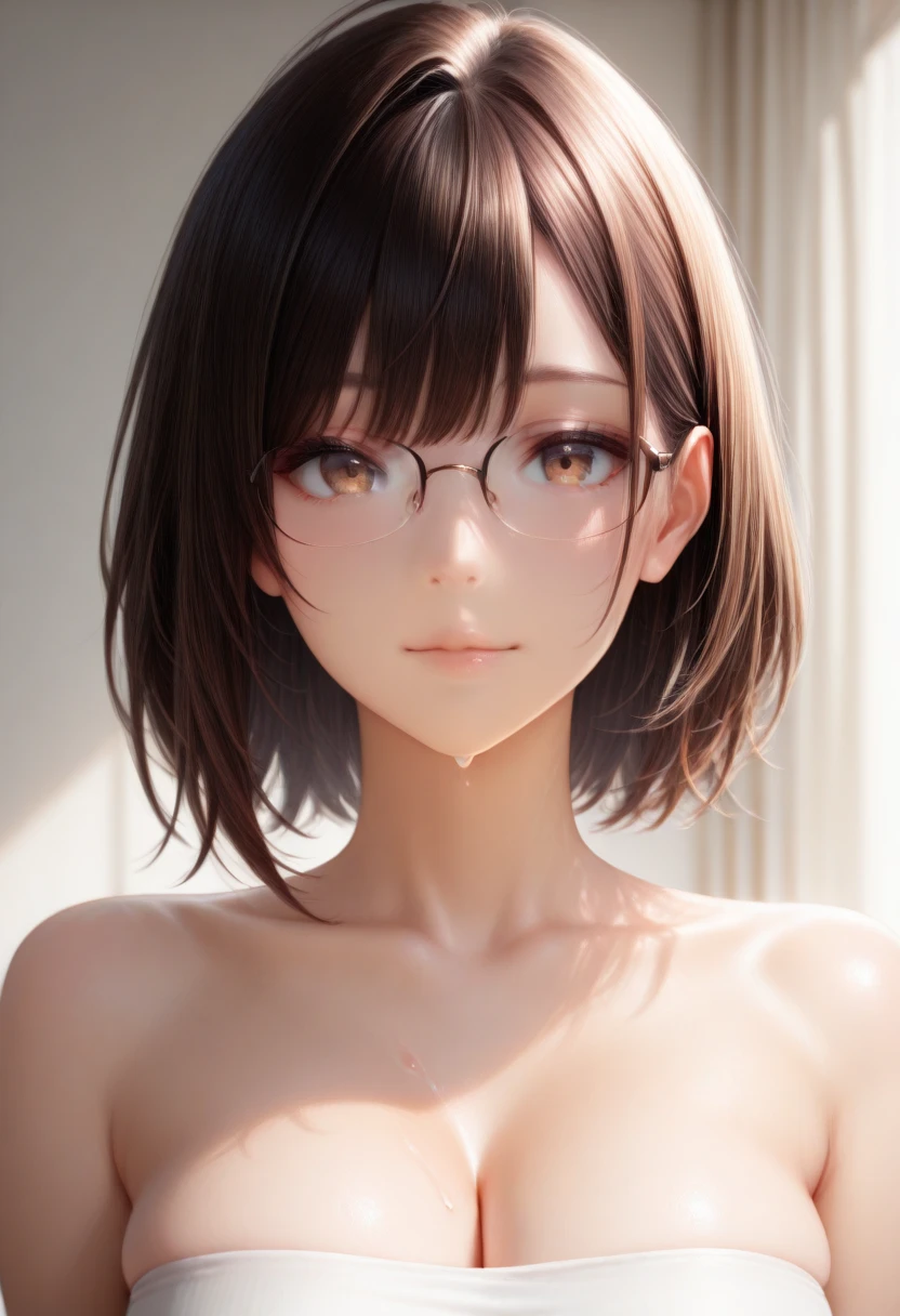 ((best quality)), ((masterpiece)), portrait photo, young Velma_Dinkley 18 years old, glasses, brown eyes, short hair, topless, pale skin, natural medium breasts, natural light, soft focus, high detailed skin, 8k <lora:jkGhostNipplesLite-v01:1>