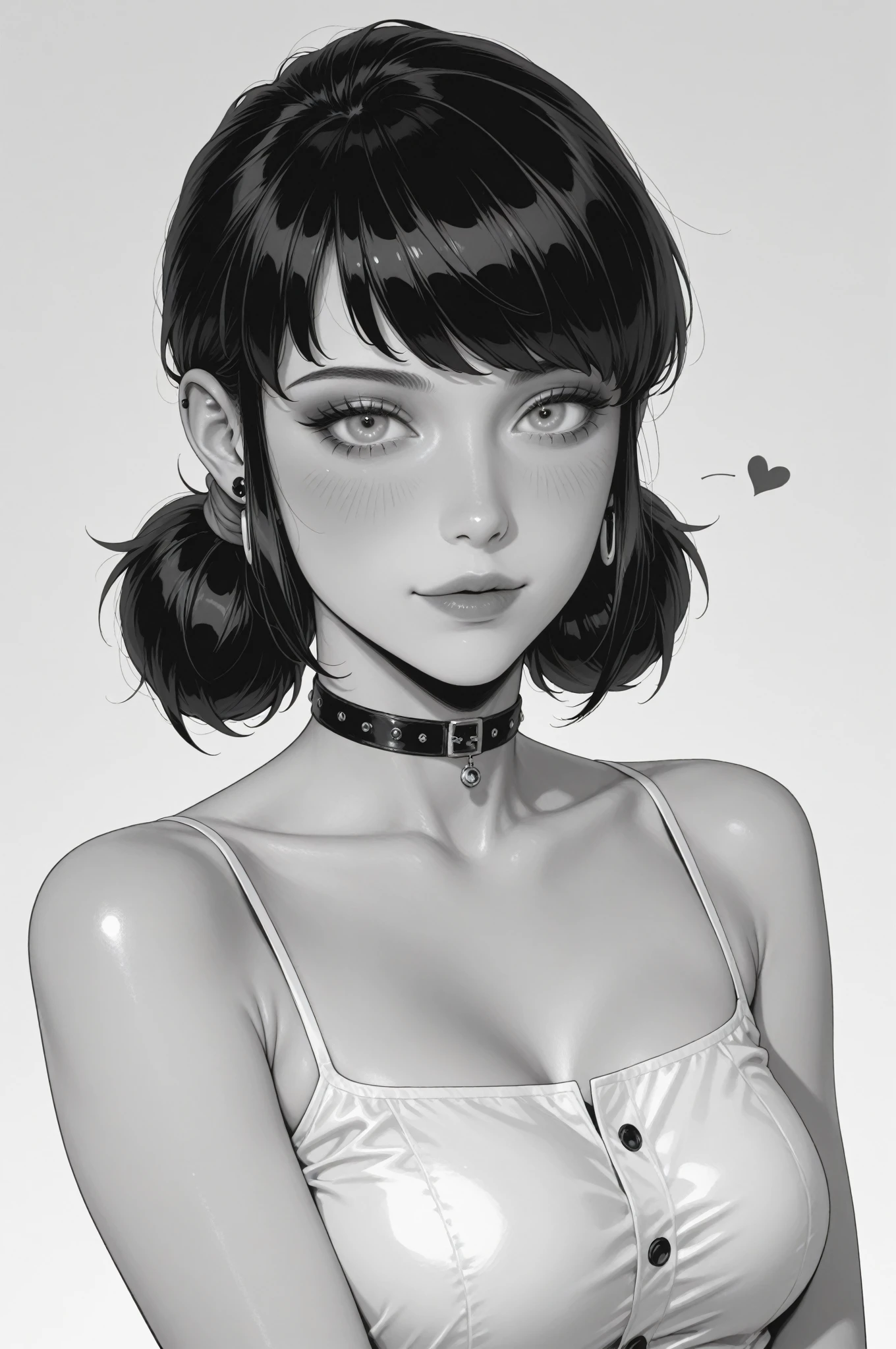 Amazing portrait of a cute goth woman with her short black hair in a bob hairstyle and she's wearing heavy eyeliner around her eyes and she's gazing at you seductively she wears an off shoulder t shirt that is orange and black with black bra straps 