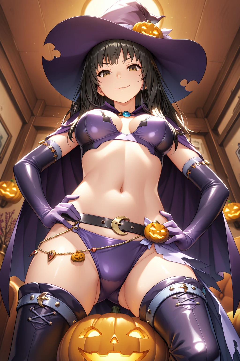 1 small girl, young, long brown hair, witch, purple witch hat, big witch hat, sexy, large breasts, sideboobs, loose robes, exposed bellybutton, happy expression, on the street