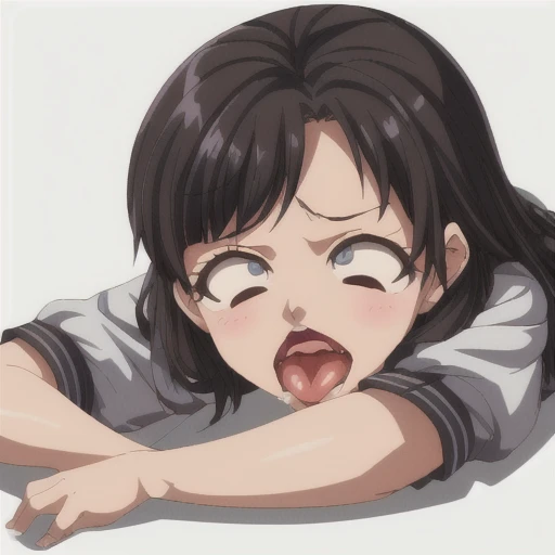 cute, close up, blush, open mouth, big mouth, tongue, tongue out, close up, saliva, uvula, uvula, room, mouth focus, excessive saliva,  shy, score_9, score_8_up, source_anime BREAK solo, looking at viewer,, violaop, brown eyes, black hair, long hair, hair slicked back, earrings, hair flower, polka dot dress, sleeveless dress, frilled dress, jewelry,  large breasts,room
