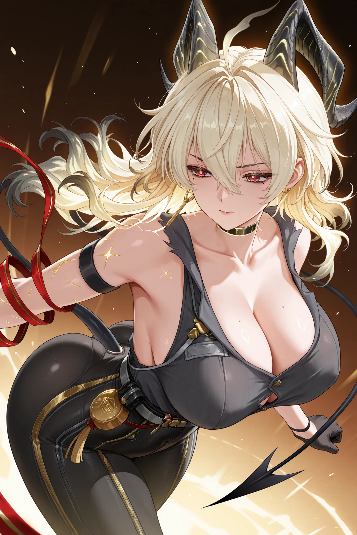 1girl, bangs, bare shoulders, between breasts, black dress, black gloves, blonde hair, breast curtains, breasts, cleavage, closed mouth, covered navel, dress, gloves, habit, hair between eyes, halo, horns, gigantic breasts, implacable \(azur lane\), large breasts, long hair, long sleeves, looking at viewer, nun, pelvic curtain, red eyes, smile, solo, thighhighs, very long hair, white thighhighs,mature female,milf,(masterpiece:1.4),(best quality:1.4),(shiny skin)