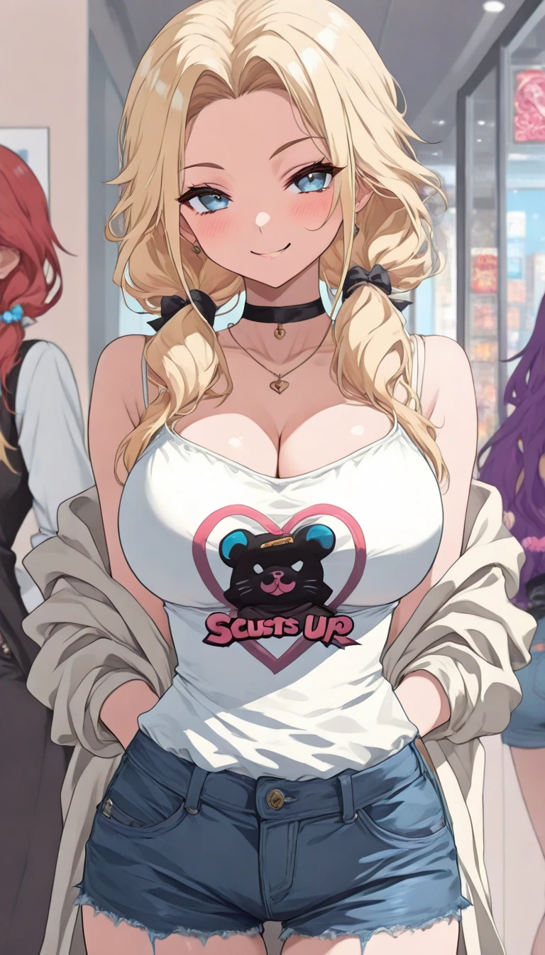 a cartoon picture of a woman with a big breast and a man with a shirt on, blonde - haired princess, (sfw) safe for work, brittney lee, detailed fanart, commission for high res, cel shaded!!!, giantess art, cel - shaded art style, high quality fanart, touching her clothes, princess in foreground, arm around her neck, lesbian art