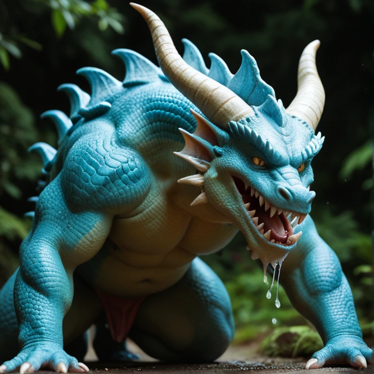 sky blue dragon、Very huge male genitalia、Very huge penis、very large testicles、Very huge hairy scrotum、A lot of semen coming out of the penis、Semen all around、、A lot of white slime、A dragon with jewel-like scales、Landscape、Right beside、Big fangs、Lizard-like face、saliva、Very small head、Dragon with one leg raised、Sky blue crocodile-like scales、Tile-like scales、Top-down composition、White Breath、Sharp toenails、Very angry look、Angry dragon face、Roaring Dragon、Wide-open orange eyes、Slender muscles、Beautiful Abs、A body that fills the screen、Dark cave background、In a very narrow cave、steam