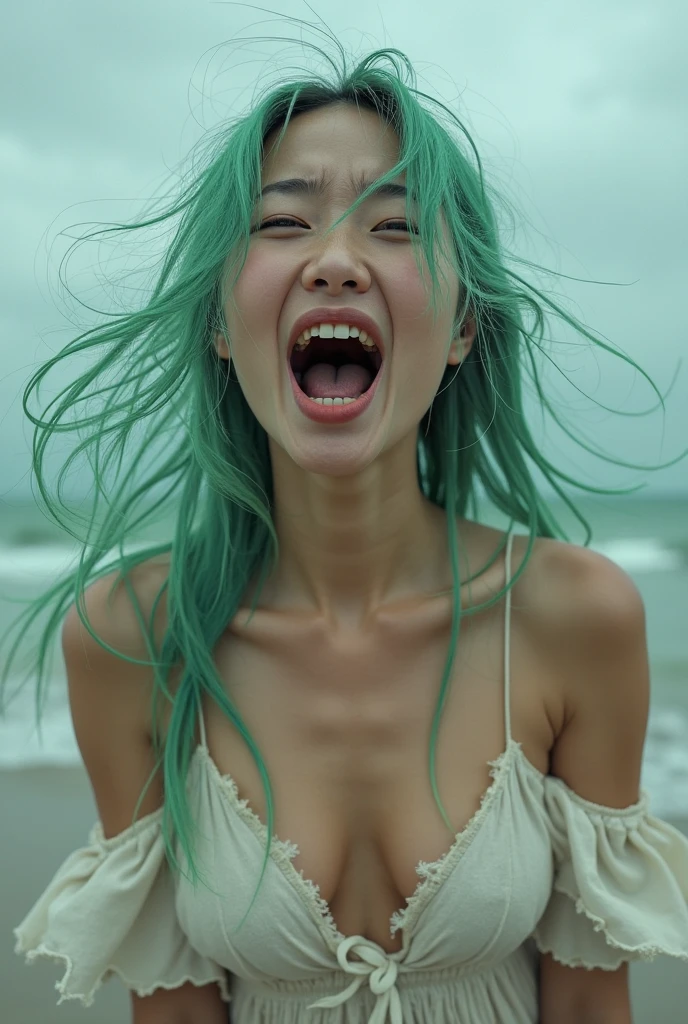 8K, (Surrealistic: 1.35), (realistic: 1.4), 1 Beautiful Japan Girls, smile, One, light makeup, masterpiece, excellent quality, high quality, (((green-gray hair)))、puberty, (((Super Micro Bikini)))、 ((perfect body)), ((best image quality)), ((time)), ((very delicate and beautiful)), ((Very shallow depth of field)), nffsw, ((incredibly shallow depth of field. familiar with)), (((very delicate and beautiful))), (((Very shallow depth of field))), nffsw, (((incredibly absurd))), (((perfect body))), (((dye hair blonde )))), (((long hair)))), (((Camera Eye))), (((small))), (((幸せな最高のsmile))), poor, Own + background, dynamic angle, female focus, {particles of light}, detailed background, ((paul hedley)), soft lighting, (dramatic) sunset), sunset, very beautiful sunset, live action, realistic, top angle, かわいいsmile, (background blur), 18-year-old, skinny, ((Wind)), ((movement ))), ((emotion)), ((colorful)), ((baby face)), ((beautiful teeth)), Withering, ocean background、