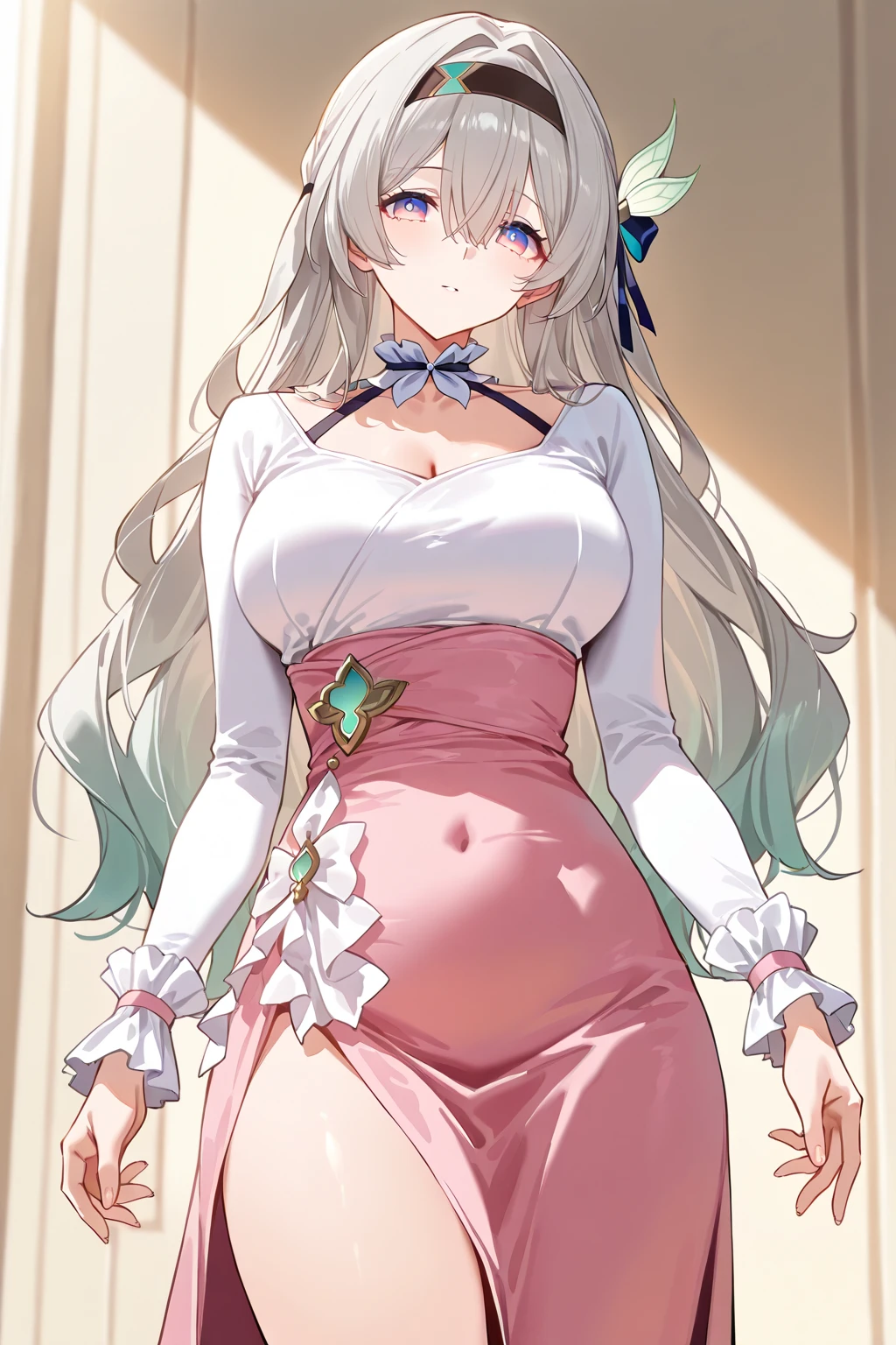 solo, 1girl, looking at viewer, smile, blush, large breasts, cream hair, long bangs, light blue Skater_dress - This is a dress that has a fitted bodice and a very flared circular skirt. They have an Aline silhouette with a very defined waist., lens flare, African_Lily \(flower\), floral background <lora:Mankai_Kaika_style_v15:1>