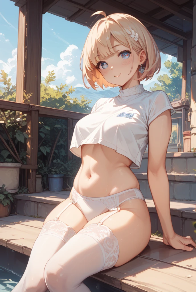 Evening light，Crowds of people around，15 year old girl，There is a guy with short white hair on the ground in the park、Girl wearing white tight thong.，Peerless beauty，perfect face，Perfect body，pink skin under thong， exposed navel，legs spread，spread your legs，The thighs are very thin，The calves are very thin，动漫女孩legs spread,White sweat on inner thighs，White sweat on the abdomen，put hands on head，armpit，lying on the sofa, very sexy pose, lie on the floor, lying down, lie flat, beautiful anime girl, Anime Barbie wearing white knee-high socks, pretty face，big breasts，Wear a white sports bra，cover upper breast, smooth pink skin，strangulation marks，sweat，wet，(facial)blush，arrogant face