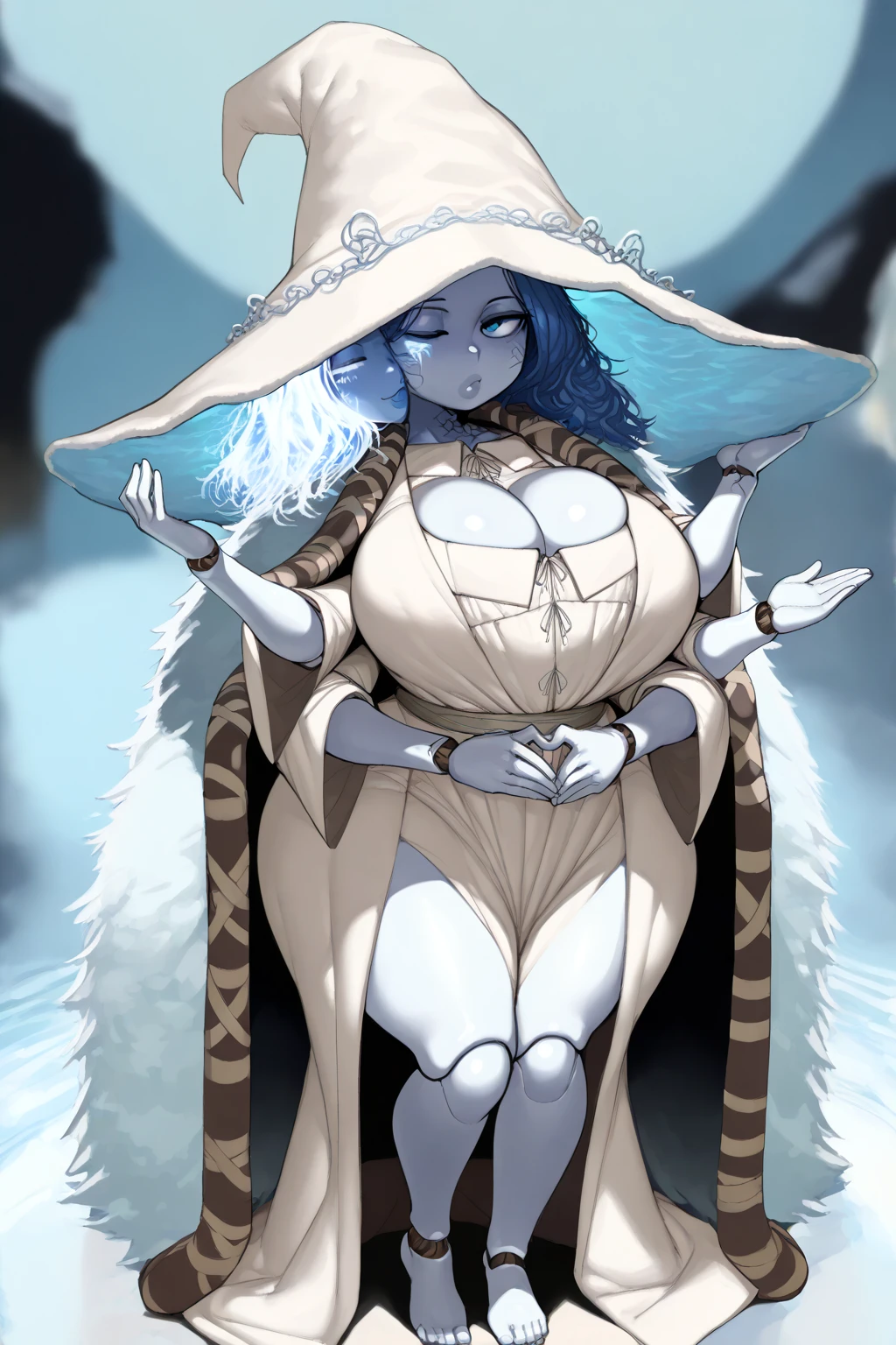 score_9, score_8_up, score_7_up, score_6_up, score_5_up, score_4_up, (source_anime),  <lora:[GP] somethingweirdv1 [Pony XL]:1.0>
1girl, huge breasts,    <lora:RanniXLV2:1.0> Ranni, ranni the witch,  wavy hair, blue skin, cracked skin, extra arms, extra faces, white dress, hat, cloak, doll, joints, doll joints,
