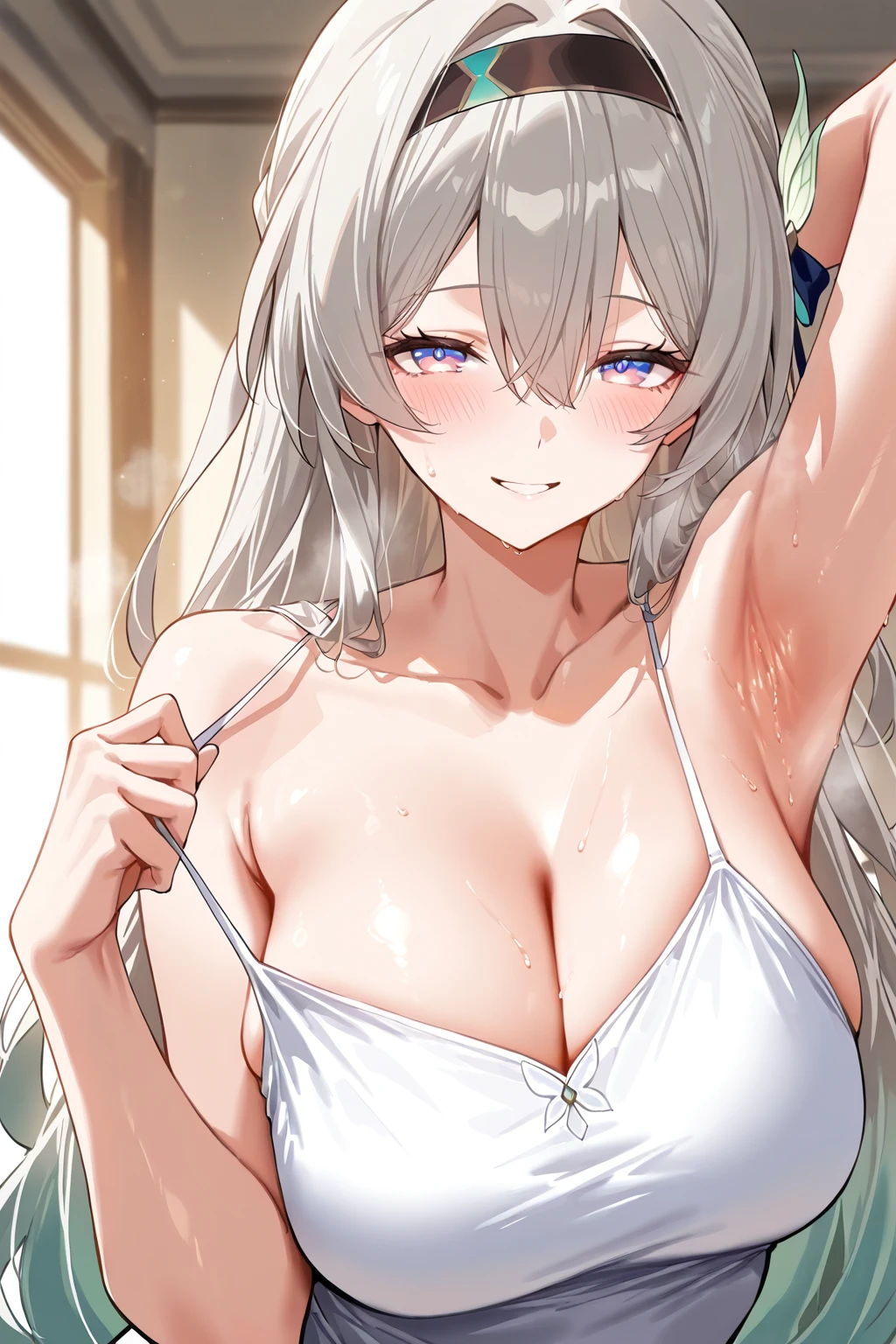 Masterpiece,realistic, 1girl,(MyleneHFV4),grey hair, blue eyes, ((POV, close shot)), blue bra,Bra comes off, nipples, highlight breast