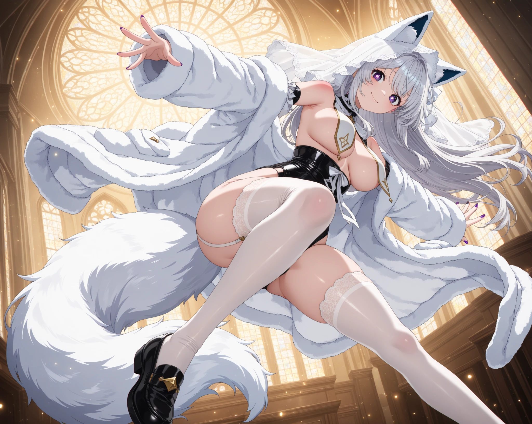 Milf woman， Charming， Perfect face，（（1人））， nmasterpiece， the best quality， intricate detials， Pole dancing，（shiny skins， shining body， Shiny radiant skin， shining hair， Pale complexion）， (Super huge，beauty legs)， attractive， Abs， Adults，(rabbit girl)， 耳环， (White trench coat，Black leather coat，fishnet stockings，White high heels)，(with open legs)，silverlong hair， Perfect and detailed face， hands behind body， Bunny ears， Rabbit tail， red eyes， Drunken， medium large shoot， 3/4 Shoot