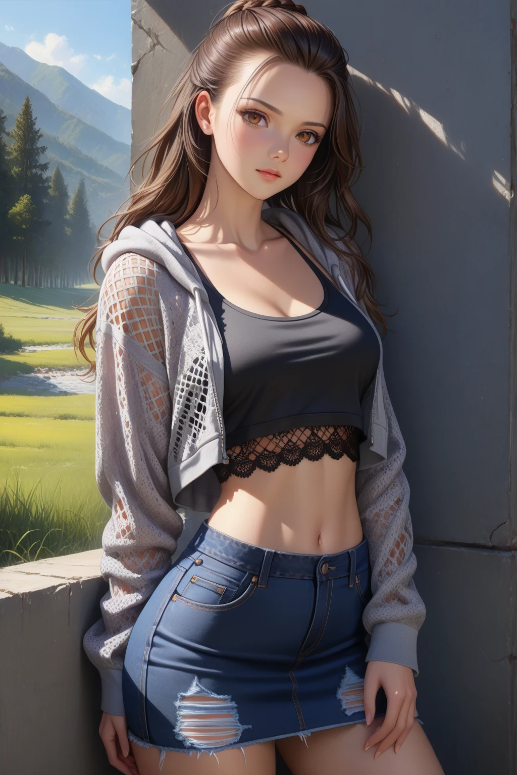 (((medium full shot))), (Masterpiece, photorealistic, photorealism, best quality, ultra-detailed:1.3), (nice hands, perfect hands), official art, cinematic light, (1girl:1.3), adult, shiny skin, wavy hair, bangs, perfect face, makeup, blue eyes, cleavage, tank top, sports pants, (standing and leaning forward), looking at viewer, summer day, park, trees, cloudy sky