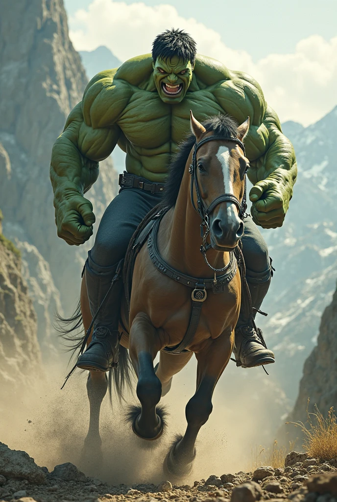 Hulk riding on a large and beautiful horse full body