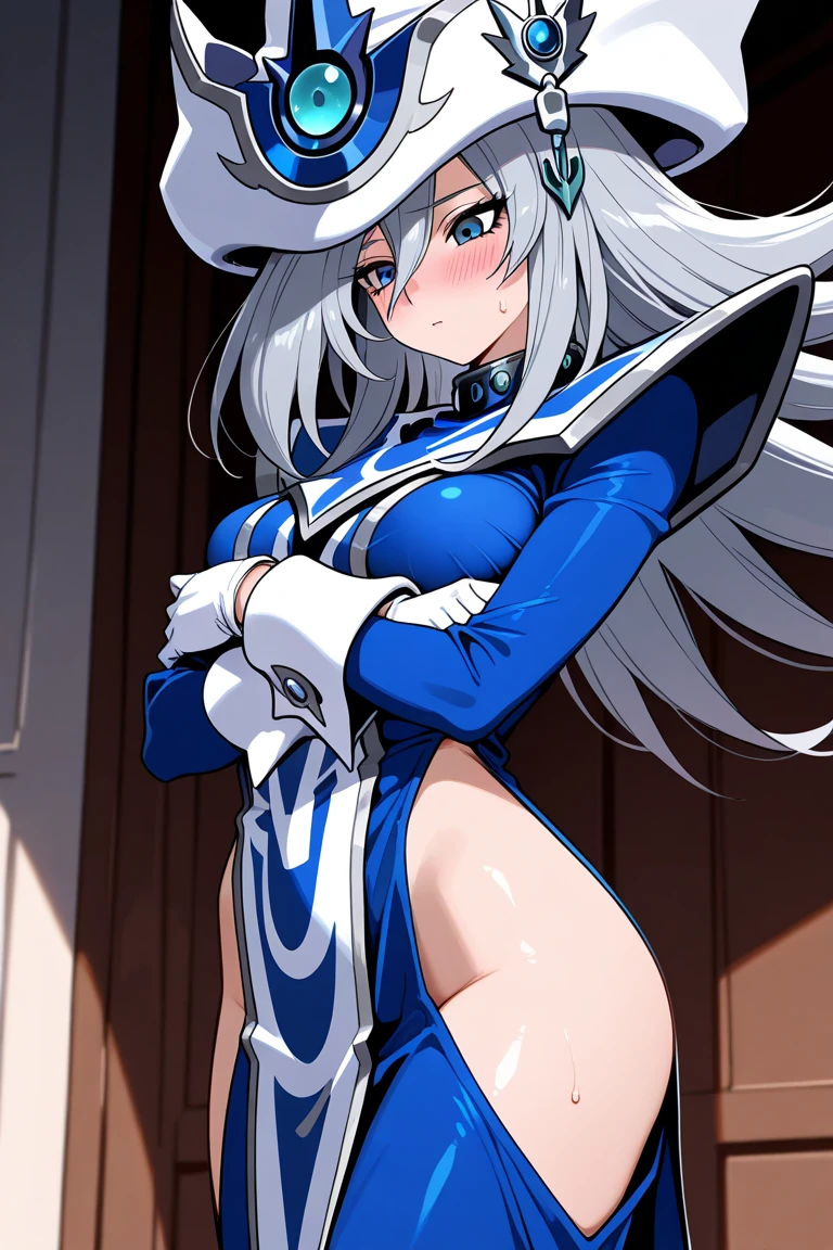 Silent magician, ropa apretada, poca piel visible, ((  ruborizada, sonrisa, oiled skin)),  pelo largo, cabello blanco, (( white hair)), sombrero blanco, skinny body, abs, muscle, muscle girl, big sagging breast , monstruo de duelo, Iparuputsua, de pie en la entrada de un castillo, magic world background, mundo medieval .