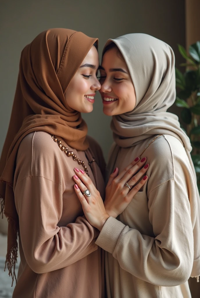 two hijab lesbian girl,lace bra,hugging from behind fingering,kissing,realistic,hd details,camera view