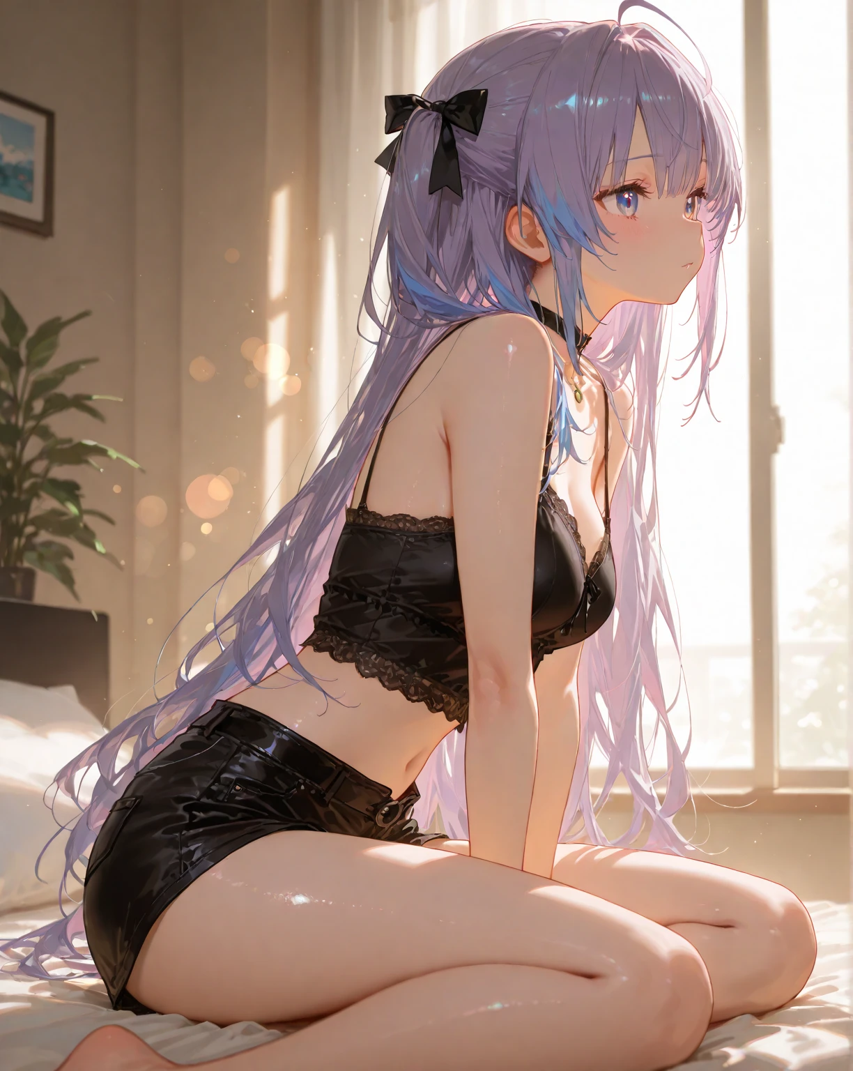 ((8k, Highest quality, masterpiece: 1.3)),Ultra-high resolution,(1 girl, alone), (Color changing eyes, Ultra-detailed, Expressive brilliance, Glitter, Glowing Eyes), Highly detailed eyes, Highly detailed face, Random Hair, ((pastel colour)), A confident young woman with pastel lavender hair styled into a messy bun, kneeling on the soft carpet of her modern bedroom during the early afternoon. She is wearing a turquoise bikini, and one of the strings on her bikini top has come undone. She’s in the middle of tying it back, her arms raised behind her neck, showcasing her toned arms and graceful posture. The camera captures her from a low, side angle, focusing on the delicate curve of her back as she concentrates on fixing the strap, her expression slightly focused yet relaxed. The soft, natural light streaming through the windows highlights the smooth contours of her body and the serene ambiance of her room, creating an intimate and effortless scene.