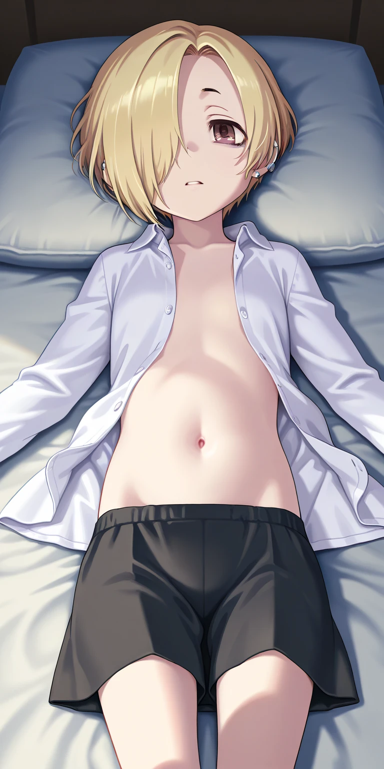 Male, slim, Cute, bright eyes, Short blond hair, in your bedroom, looks at the viewer, shy, brief, naked male, upper body image, ass, lying in bed, spread legs