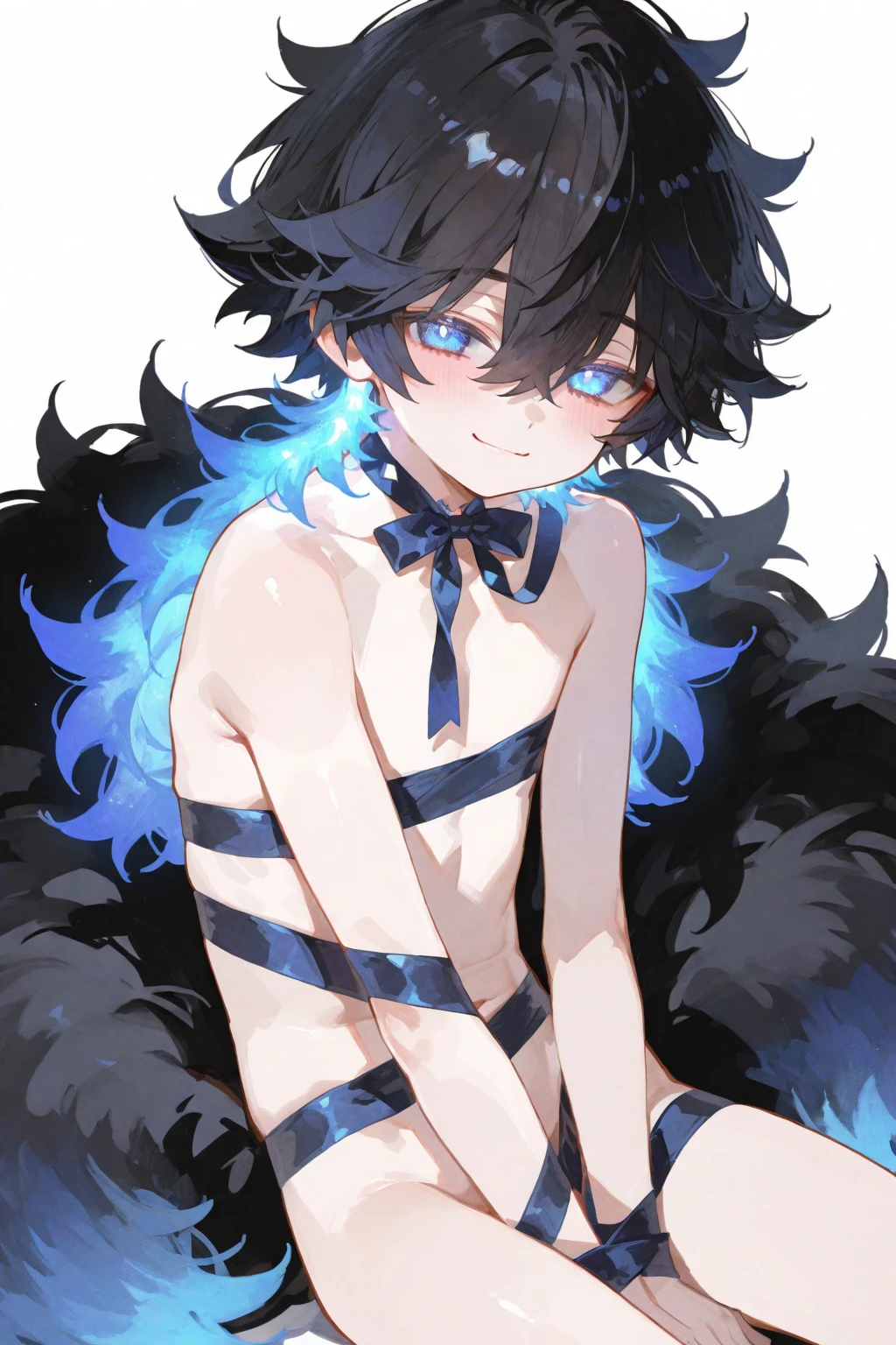 1 boy, Wolf,young people,Black and white fur,Topless,Heterochromia,blush